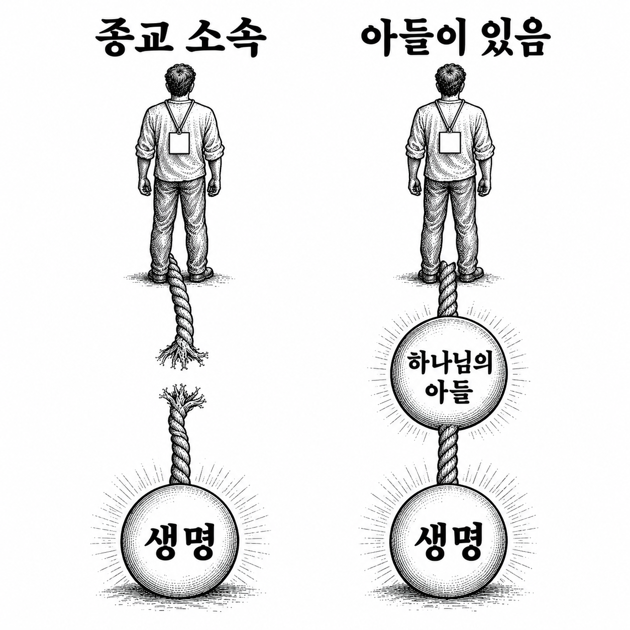 종교에 소속된 상태와 하나님의 아들이 있는 상태를 구원의 기준에서 구별하는 개념 그림.