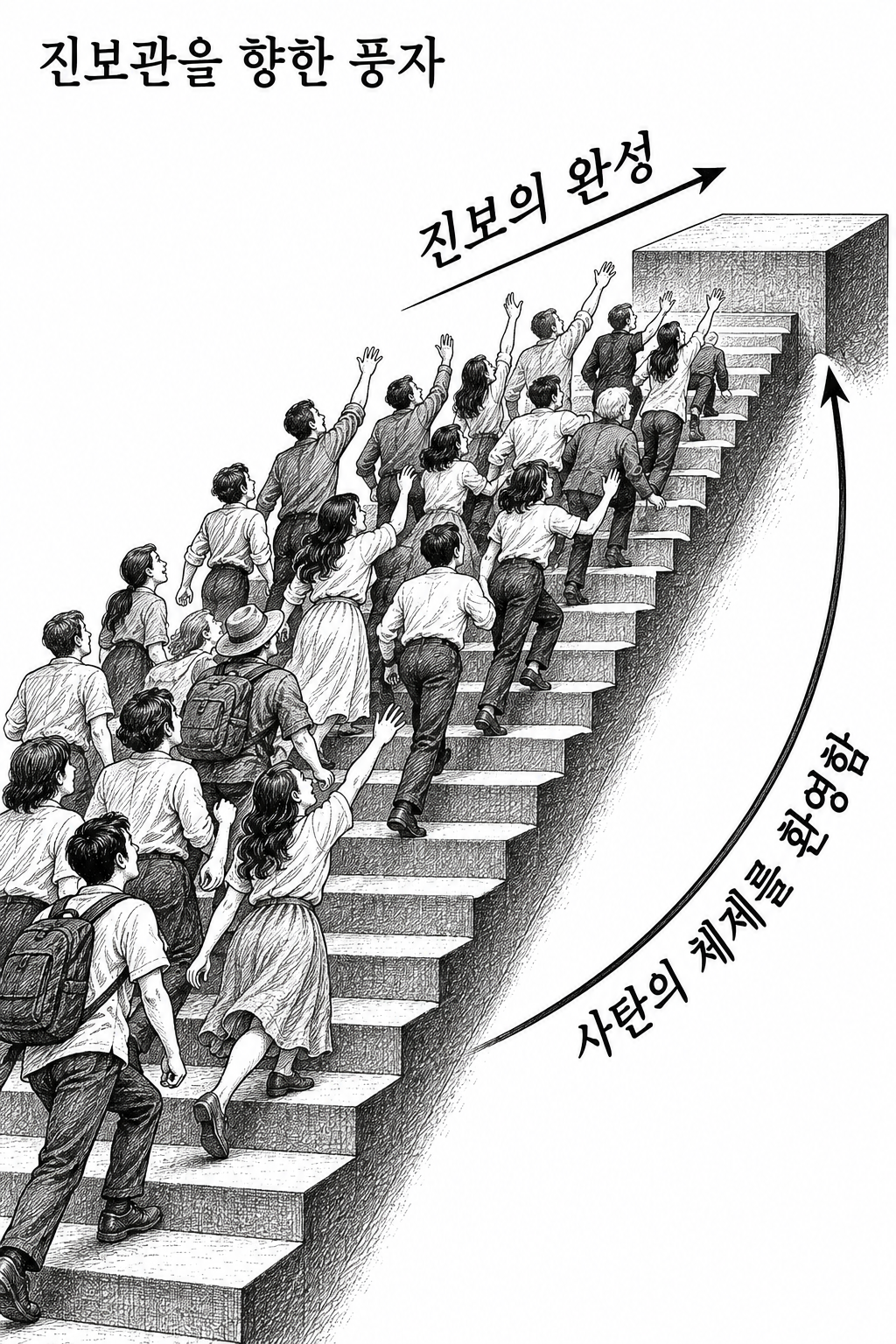 진보의 완성으로 환영하는 대상이 사탄의 체제라는 본문의 역설을 보여 주는 풍자 그림.