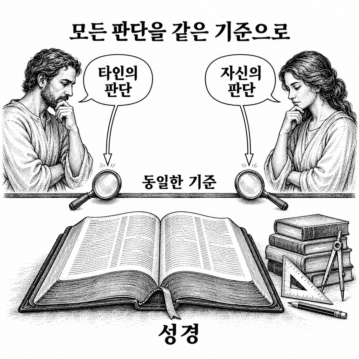 타인의 견해뿐 아니라 자신의 교육과 경험에서 나온 판단도 동일하게 성경의 기준에 놓는 그림.
