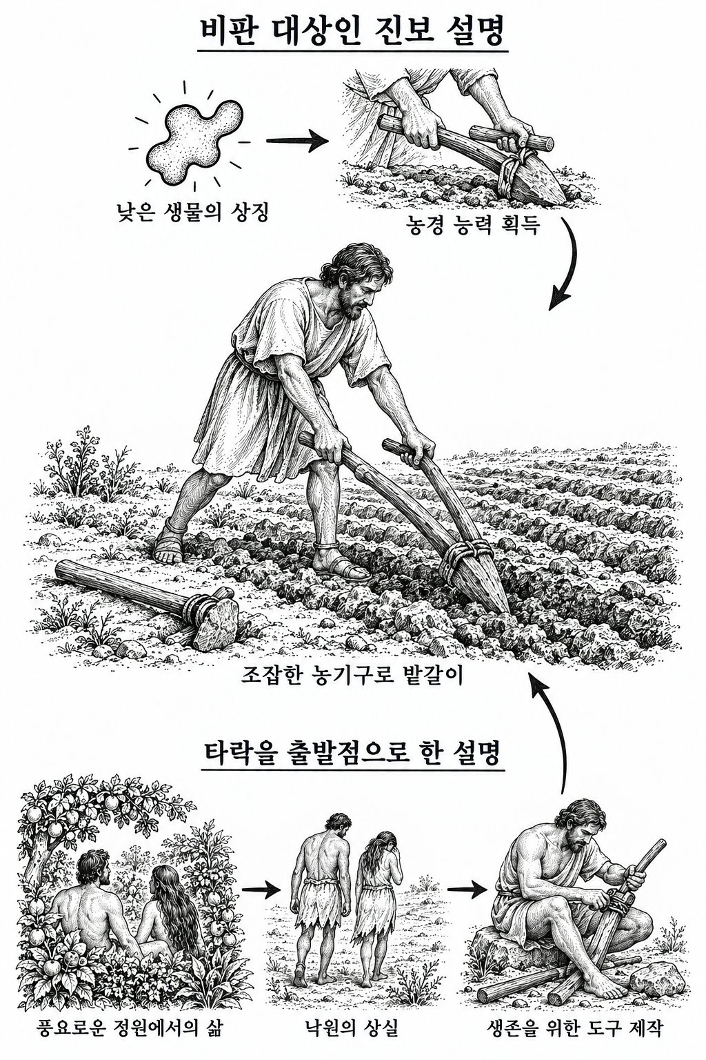 같은 조잡한 농기구를 능력의 발전과 낙원 상실 뒤의 필요라는 서로 다른 원인으로 설명하는 비교 그림.