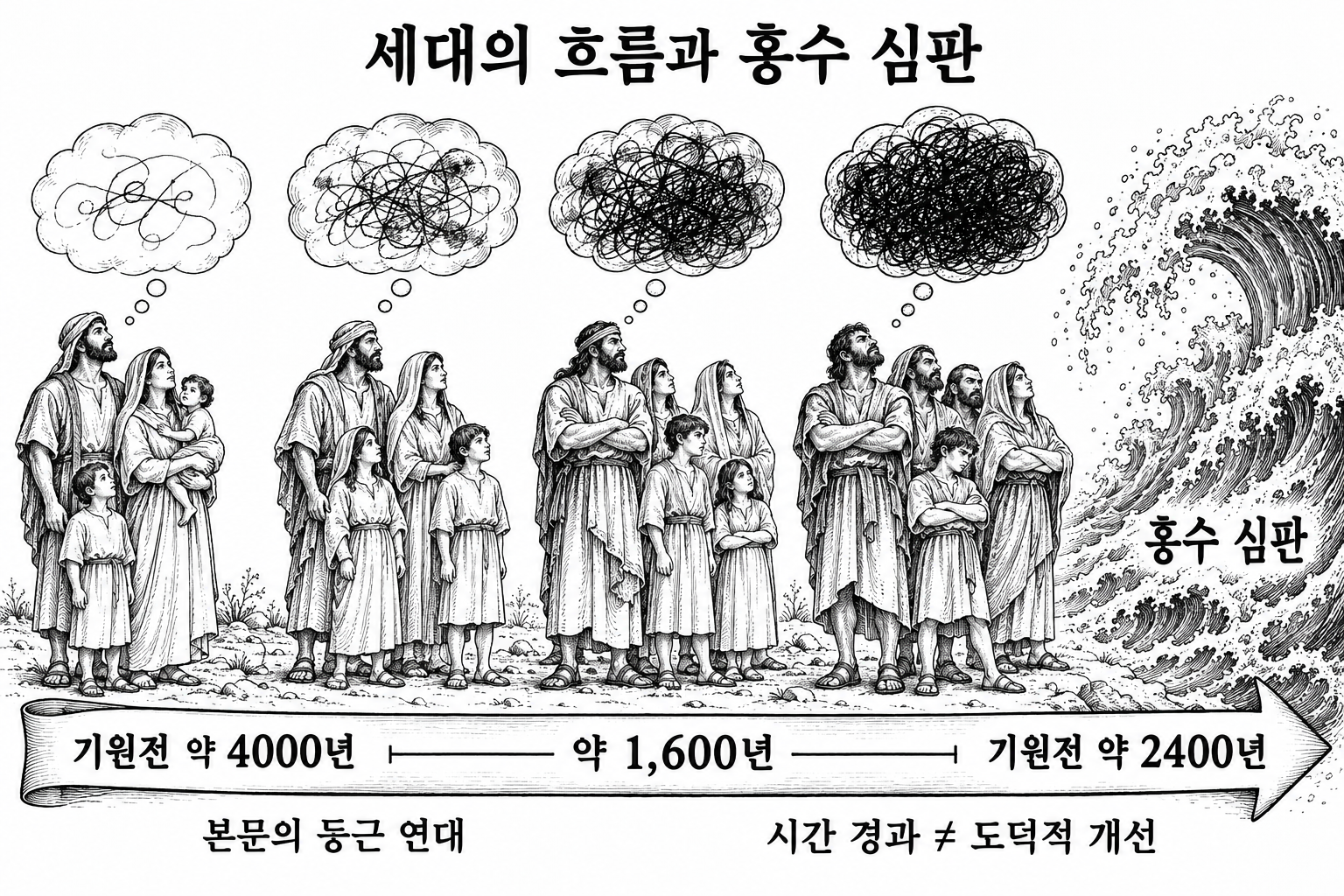 약 1,600년의 시간 경과를 인간의 도덕적 개선이 아니라 악화와 심판으로 설명하는 연속 그림.