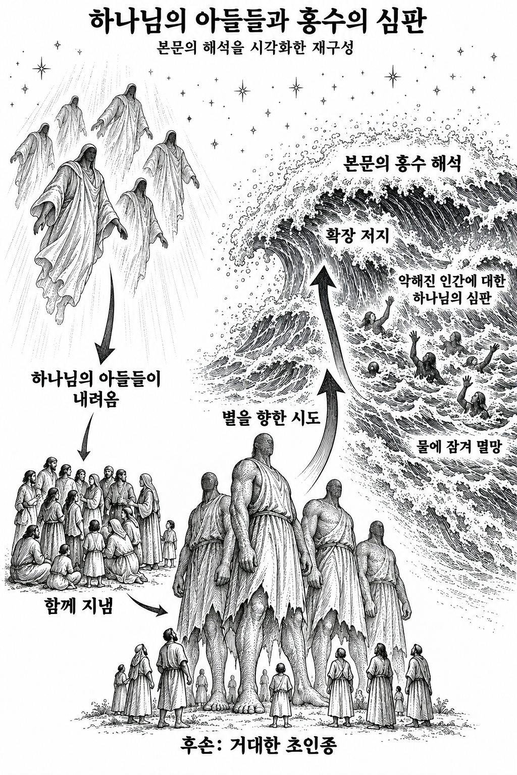 하나님의 아들들의 하강, 거대한 후손의 출현, 별을 향한 확장 시도와 홍수에 의한 중단을 연결한 해석도.