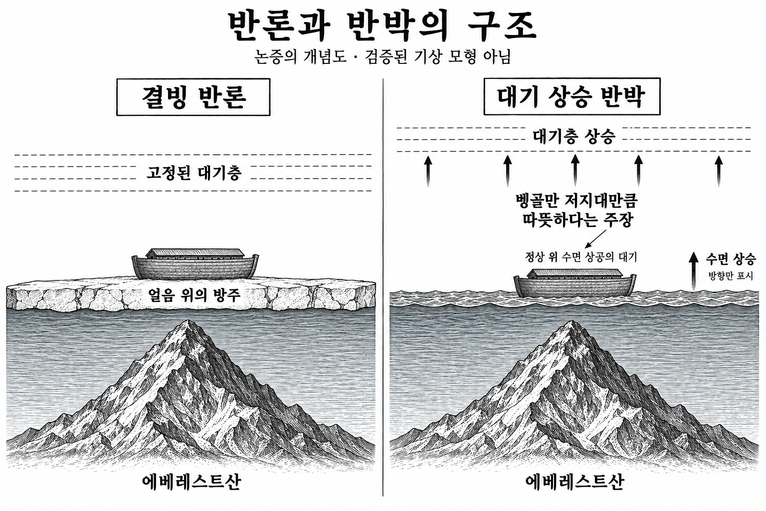 높은 곳의 물이 언다는 반론과 수면 상승에 따라 대기도 올라간다는 반박을 비교한 단면 개념도.