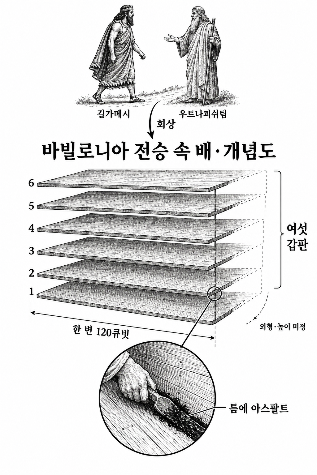 길가메시가 우트나피쉬팀에게 듣는 홍수 이야기와 그 전승에 나오는 여섯 갑판 배의 구조.