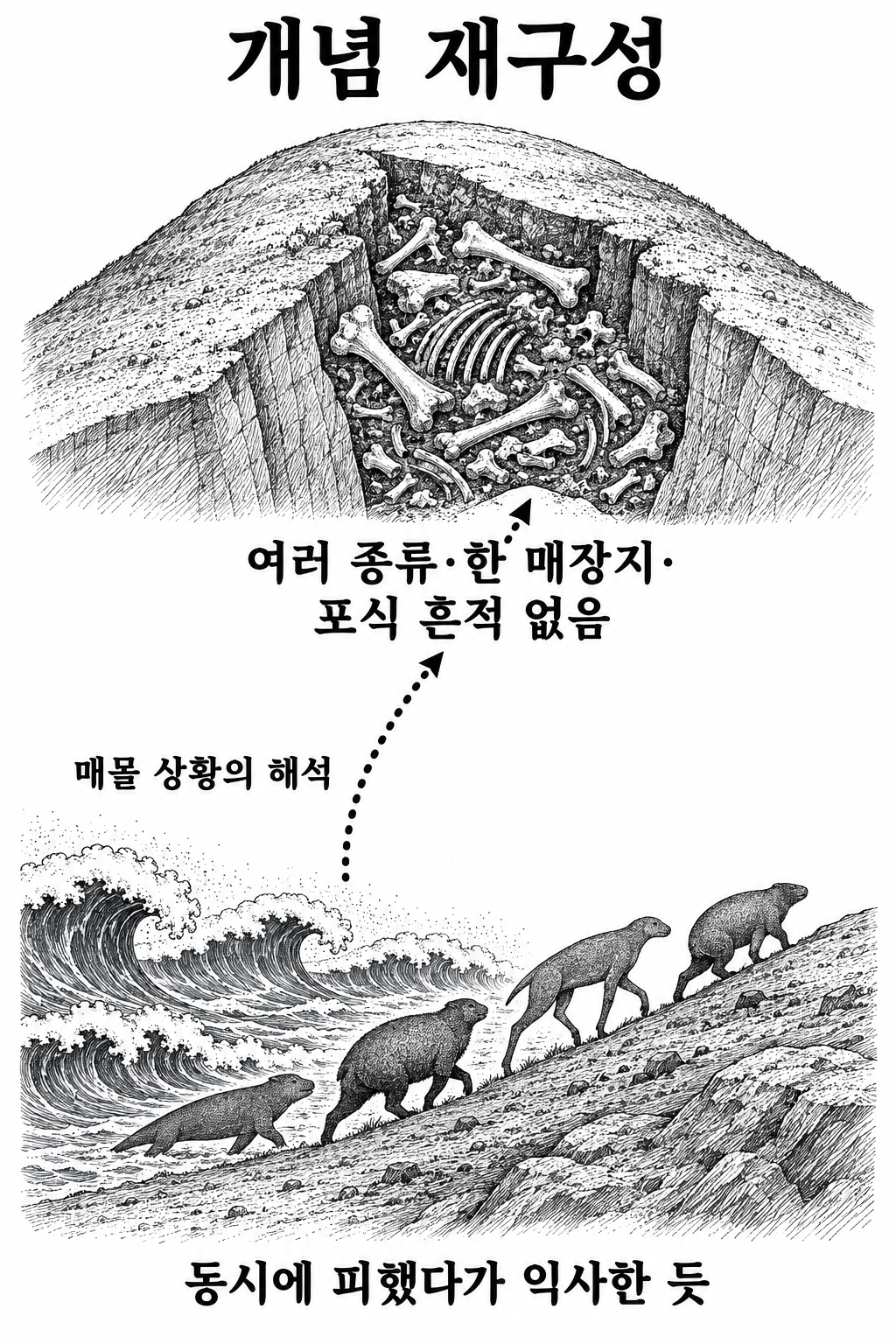 고지대 틈의 혼합 동물 매장 묘사와 이를 홍수 때의 동시 피난·익사로 읽는 해석을 구분한 단면 그림.