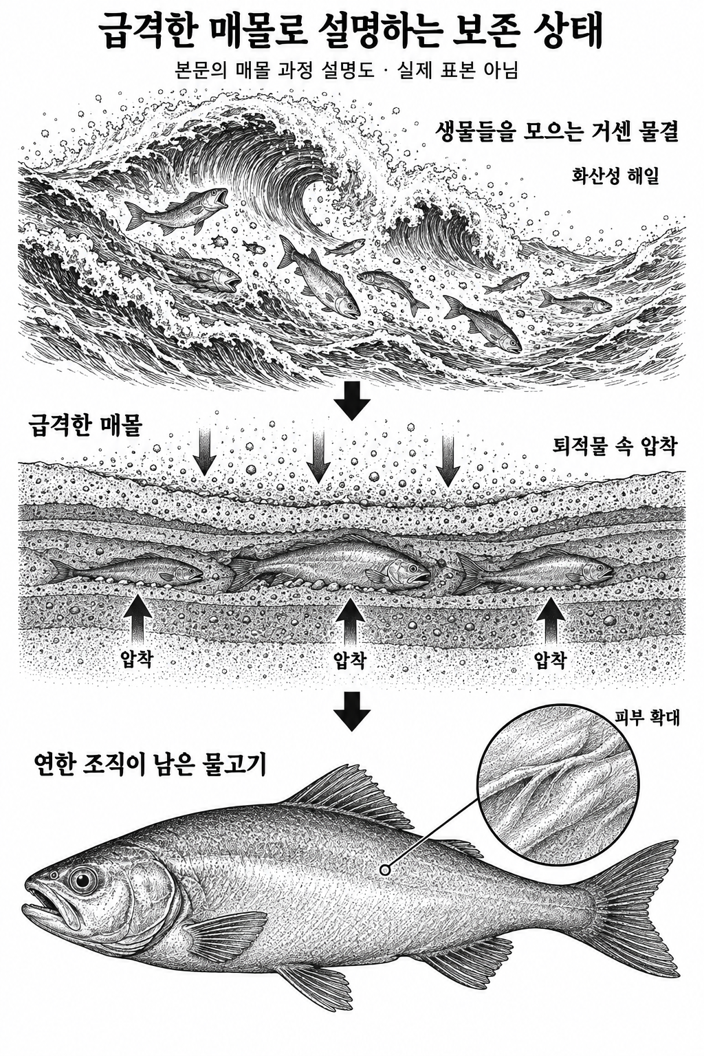 연한 조직의 보존을 생물의 급격한 집적과 매몰·압착에 연결하는 본문의 설명도.