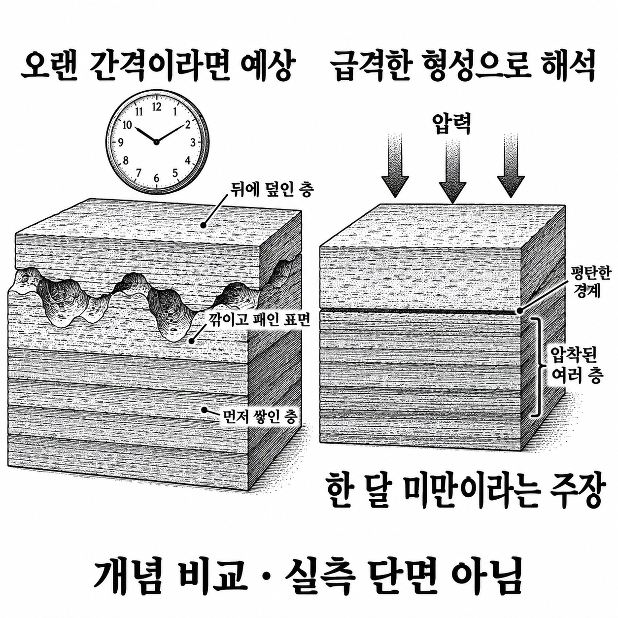 침식된 층 경계의 예상과 평탄하고 압착된 층을 대조하는 본문의 지층 형성 속도 논증.