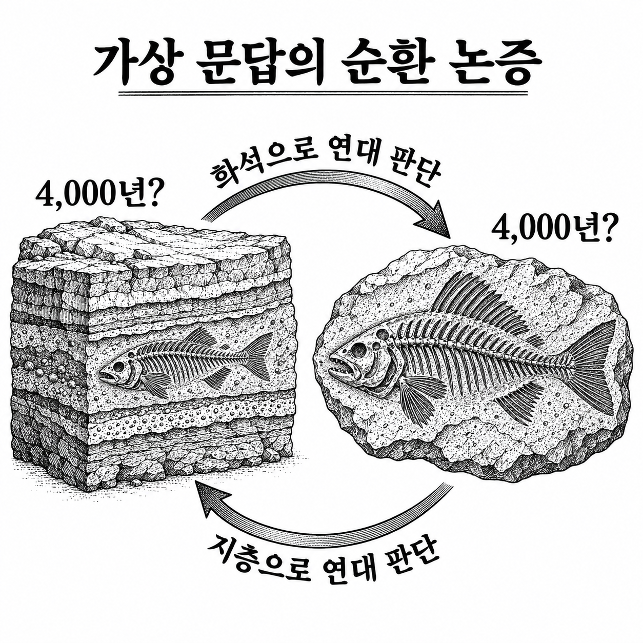 암석층과 화석이 서로를 연대 판단 근거로 삼는 가상 문답의 순환 구조.