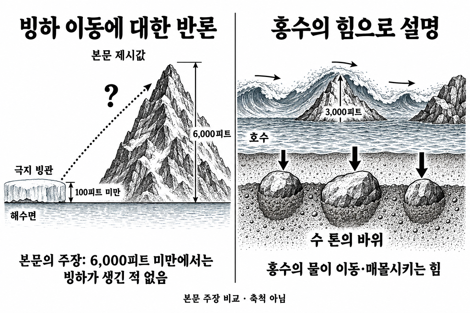 얼음이 높은 곳으로 이동하는 힘에 대한 의문과 홍수의 물이 바위를 이동·매몰시킨다는 설명의 비교.