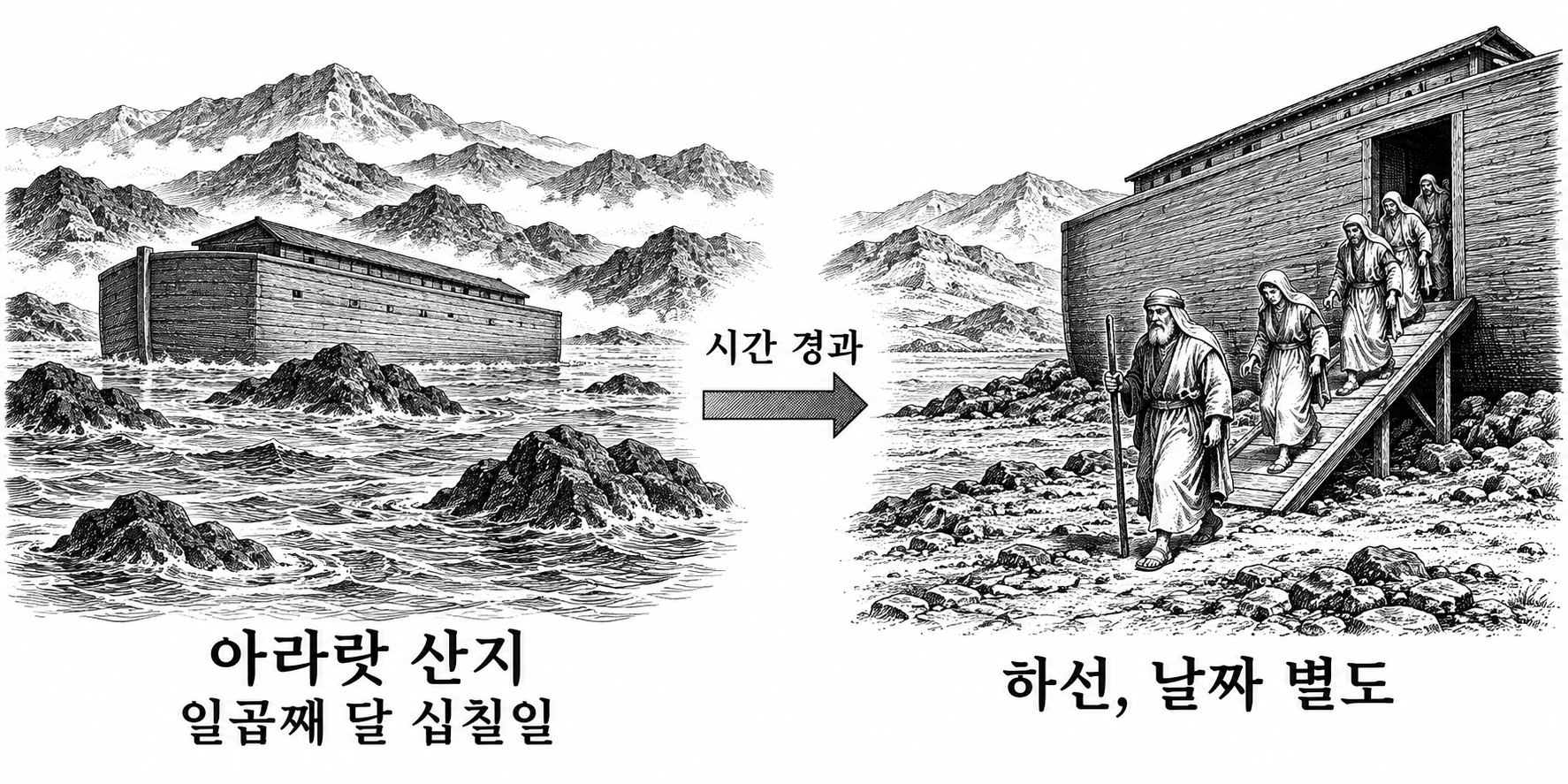 일곱째 달 십칠일에 방주가 산지에 멈춘 사건과 이후 사람들이 밖으로 나온 사건을 구별한 그림.