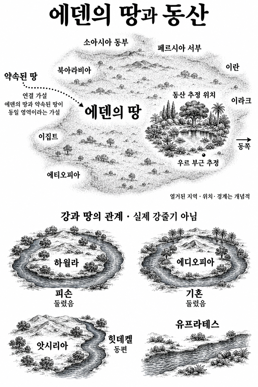 넓은 에덴의 땅 안에 동쪽의 동산을 작게 배치하고, 강과 지명 및 약속된 땅의 연결 가설을 구분한 개념도.