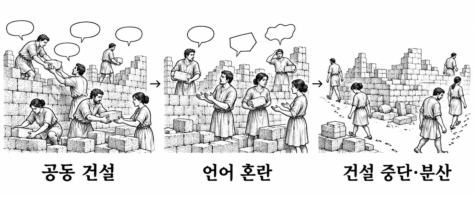 언어 혼란으로 협업이 중단되고 사람들이 흩어지는 바벨 사건의 인과 흐름.