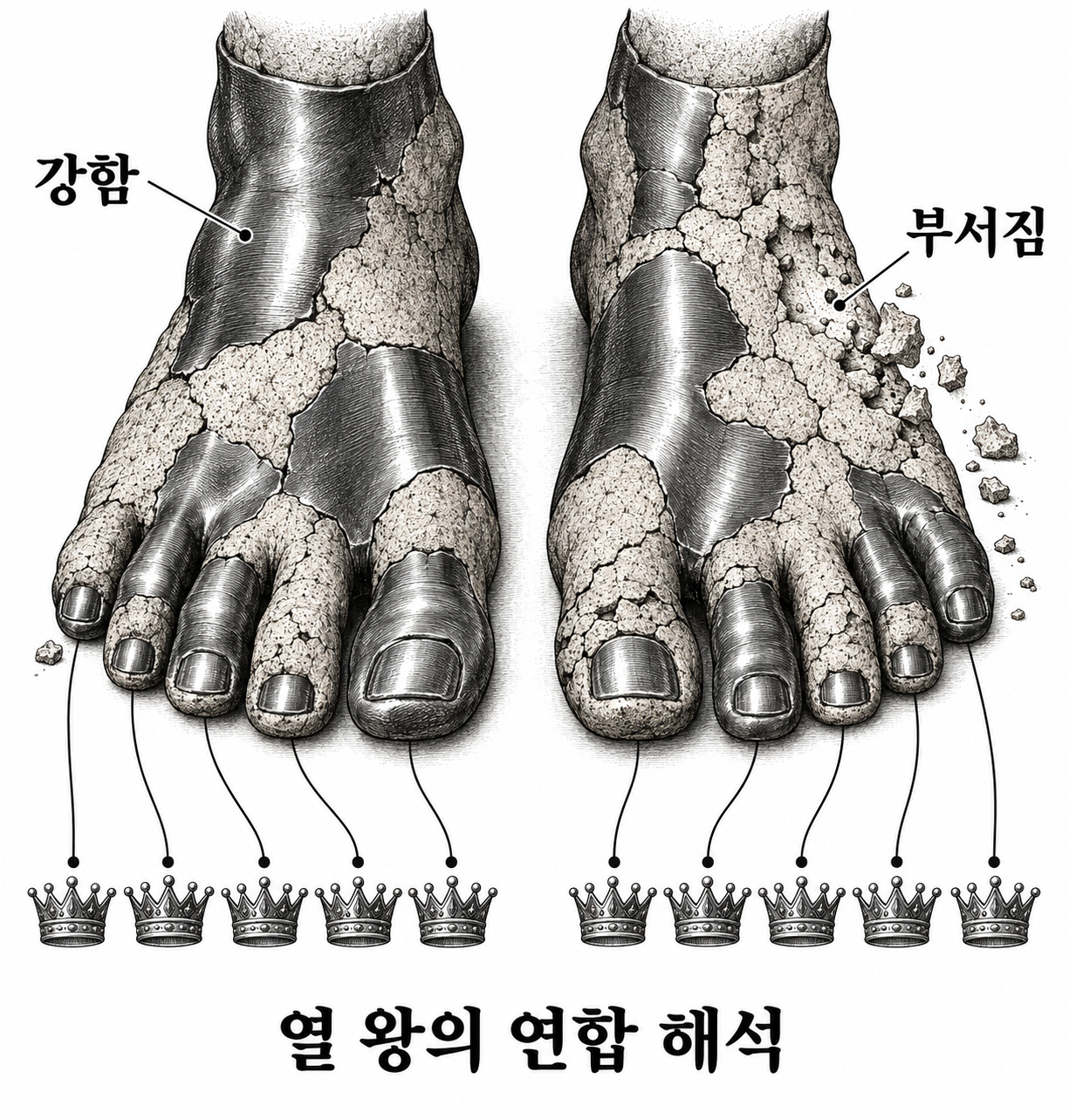 철과 진흙의 서로 다른 성질과 열 발가락을 열 왕에 연결하는 해석을 보여 주는 그림.
