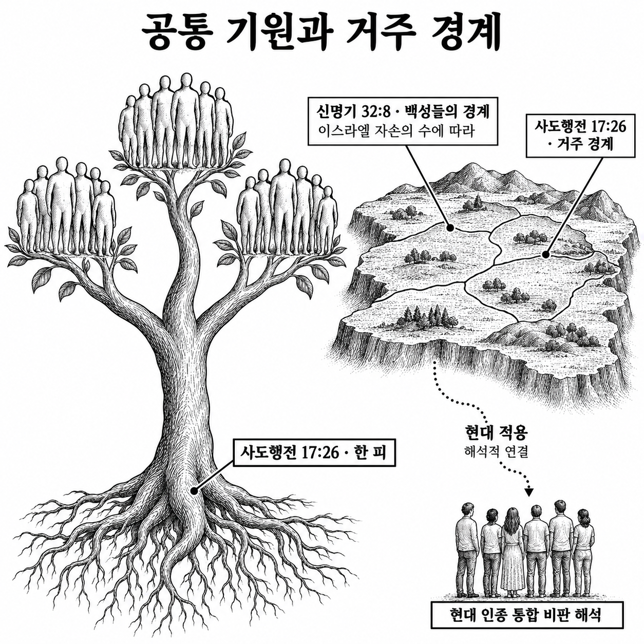 인류의 공통 기원과 거주 경계에 관한 본문에서 현대 인종 분리 주장으로 넘어가는 해석 단계.