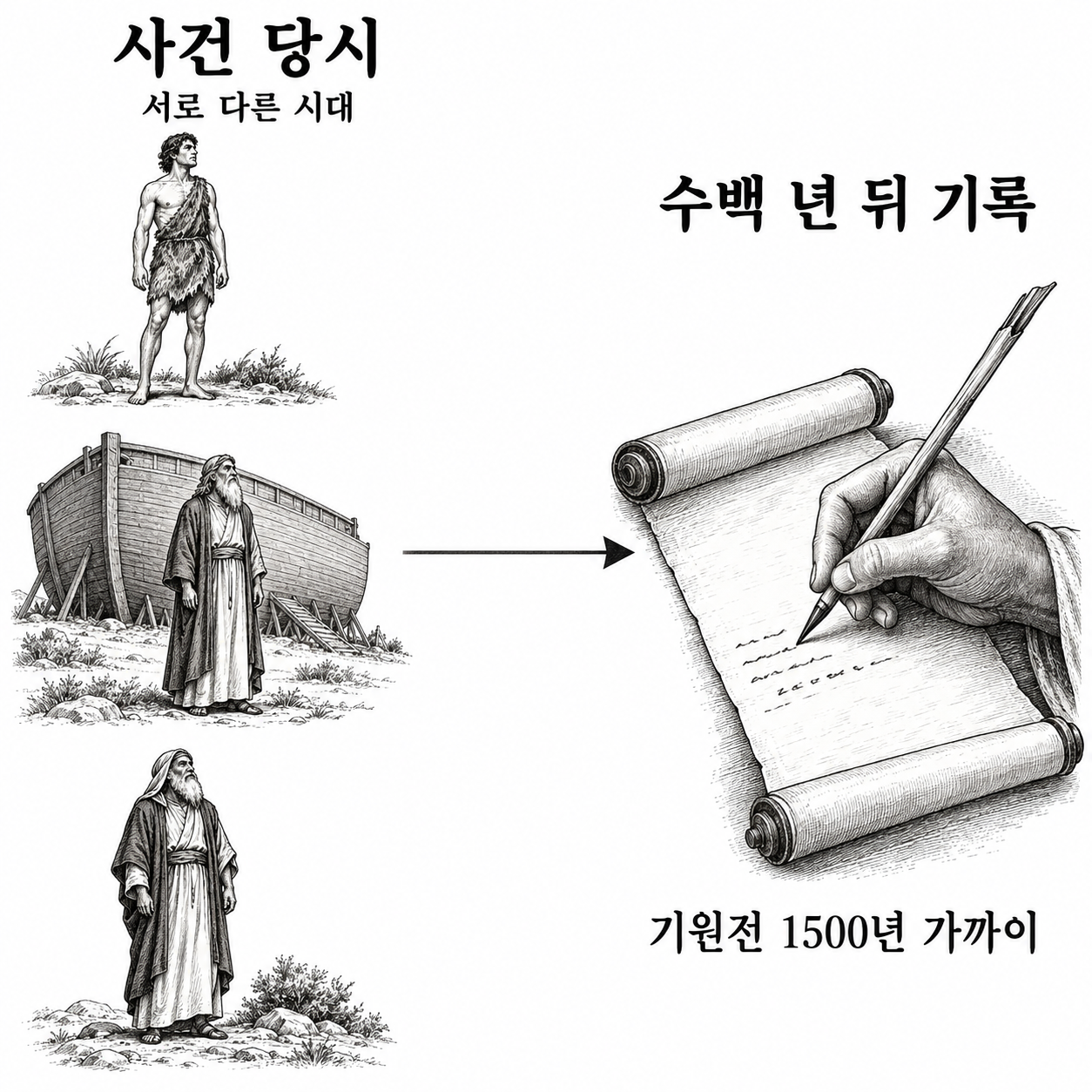 인물들이 사건을 겪은 시기와 그 사건이 나중에 기록된 시기를 분리한 그림.