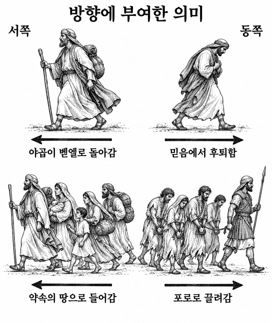 야곱과 유대인의 서로 반대되는 이동을 통해 서향과 동향에 부여한 의미를 비교한 그림.