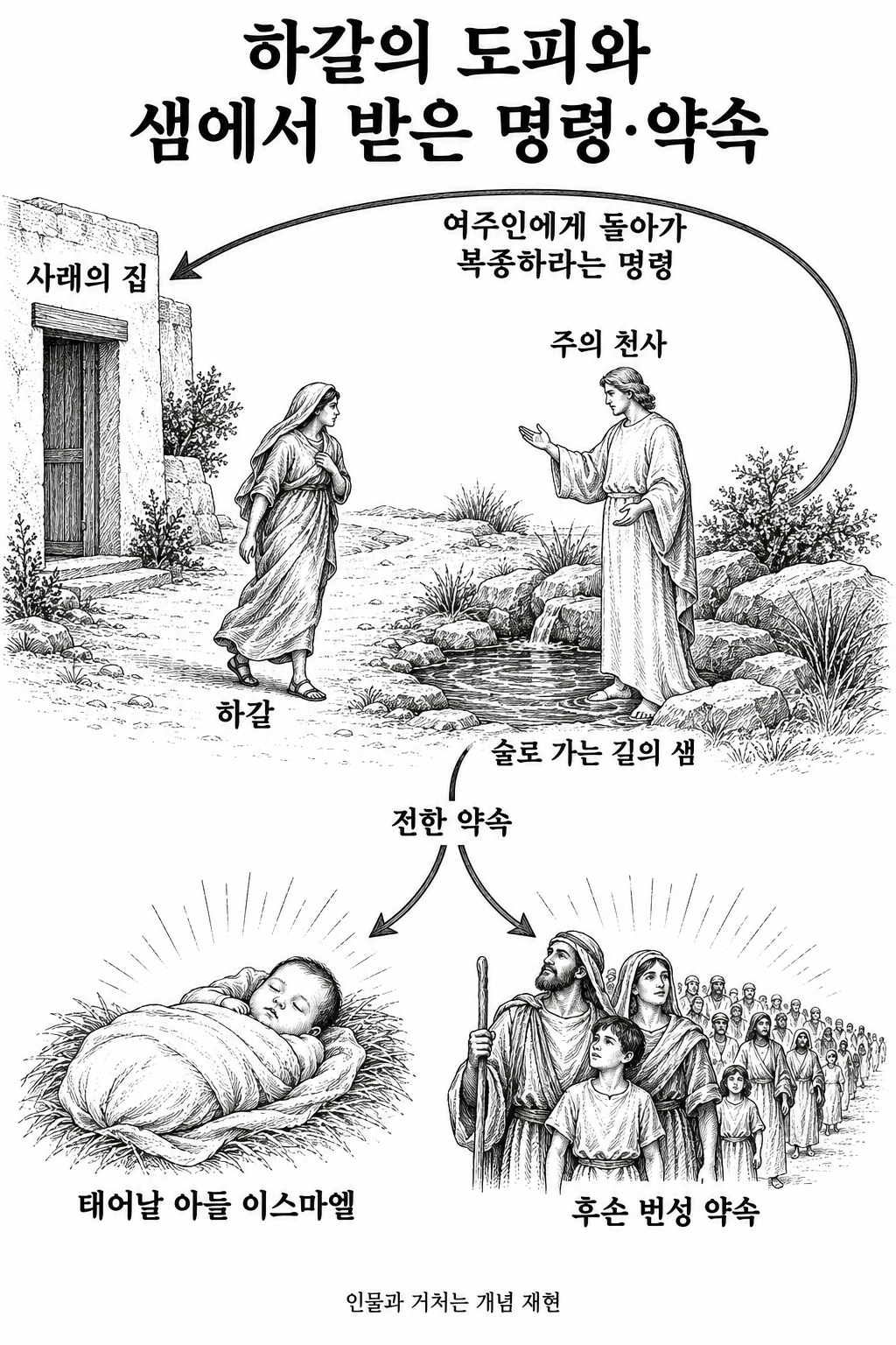 하갈의 도피, 샘에서의 만남, 귀환 명령과 후손 번성의 약속을 구분한 그림.