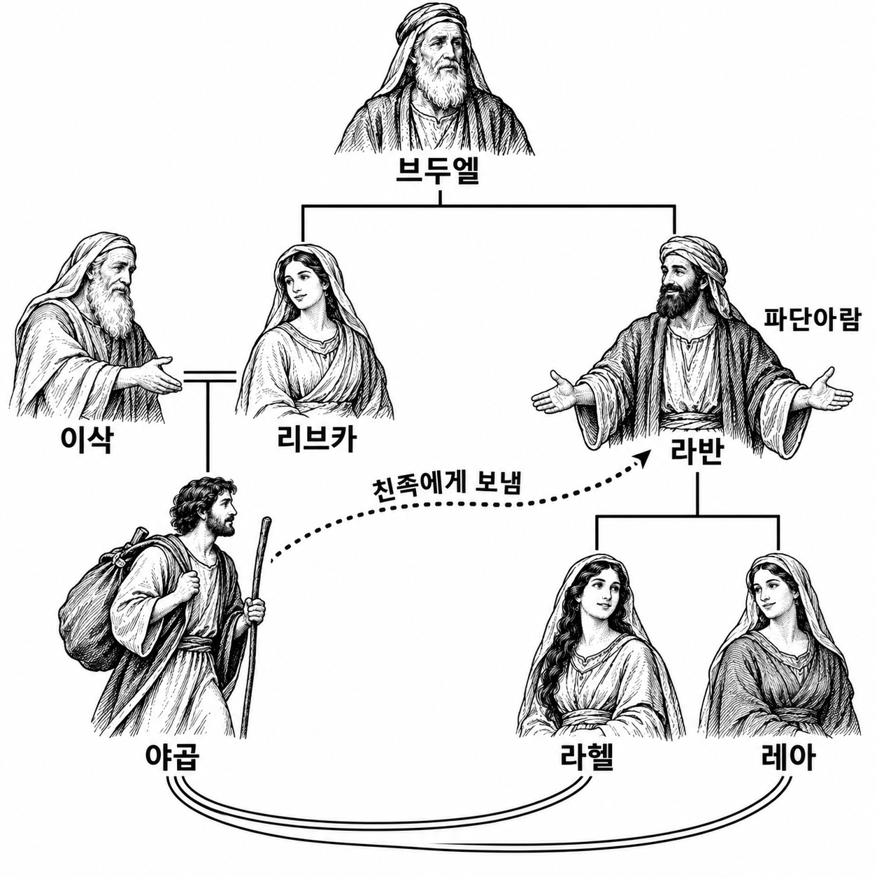 야곱이 외삼촌 라반의 딸들에게 배우자를 구하러 가는 친족 관계와 이동을 보여 주는 그림.