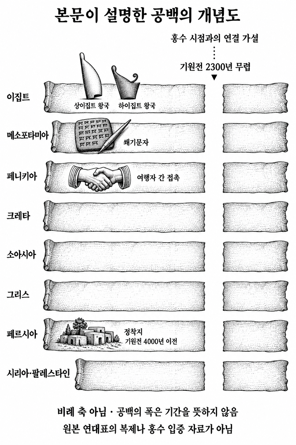 여러 지역 연대표의 공백과 홍수 시점을 연결하는 주장을 설명한 개념도.