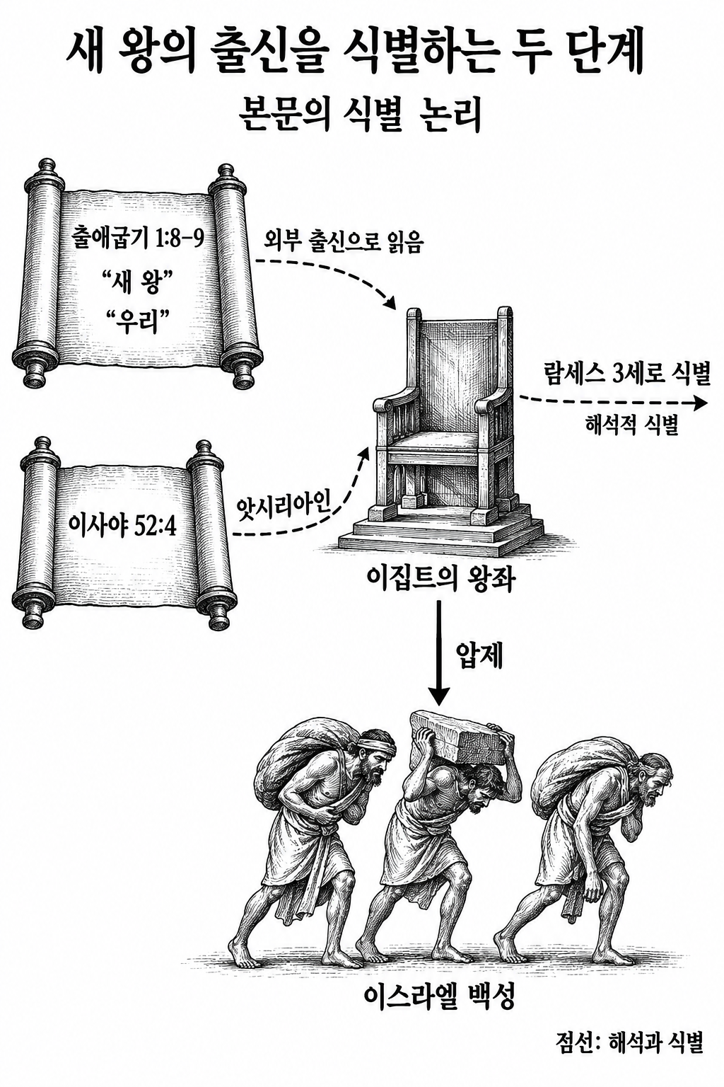 출애굽기의 외부 출신 해석과 이사야를 통한 앗시리아인 식별을 별도 단계로 보여 주는 그림.