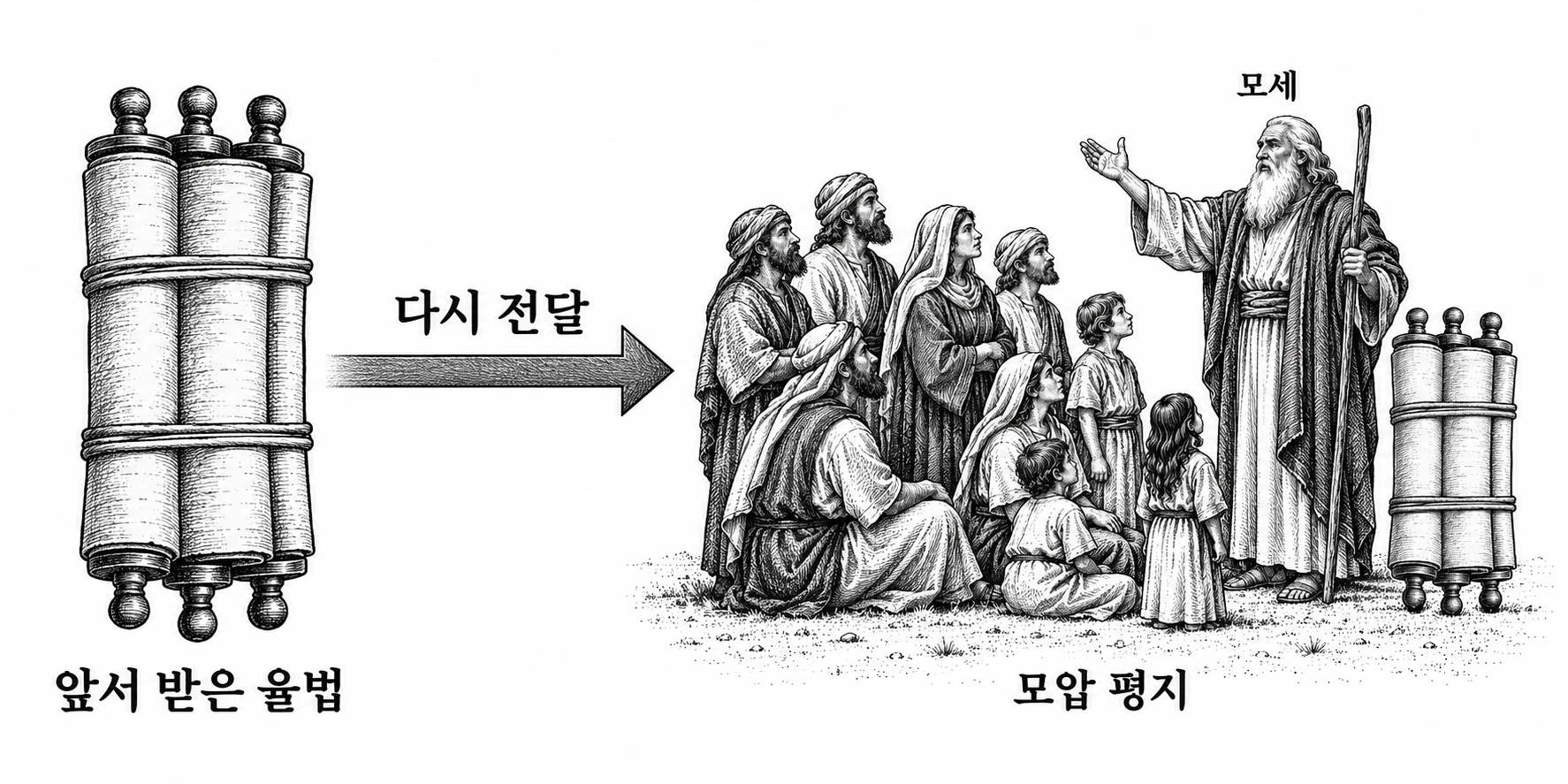 이미 받은 율법을 모세가 백성에게 다시 전달하는 신명기의 성격을 보여 주는 그림.