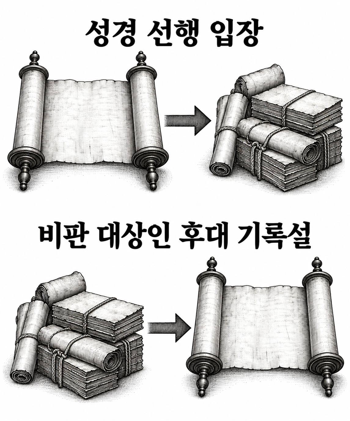 기록 연대의 선후를 바꾸면 문헌 사이의 모방 방향에 관한 설명도 뒤집히는 비교 그림.