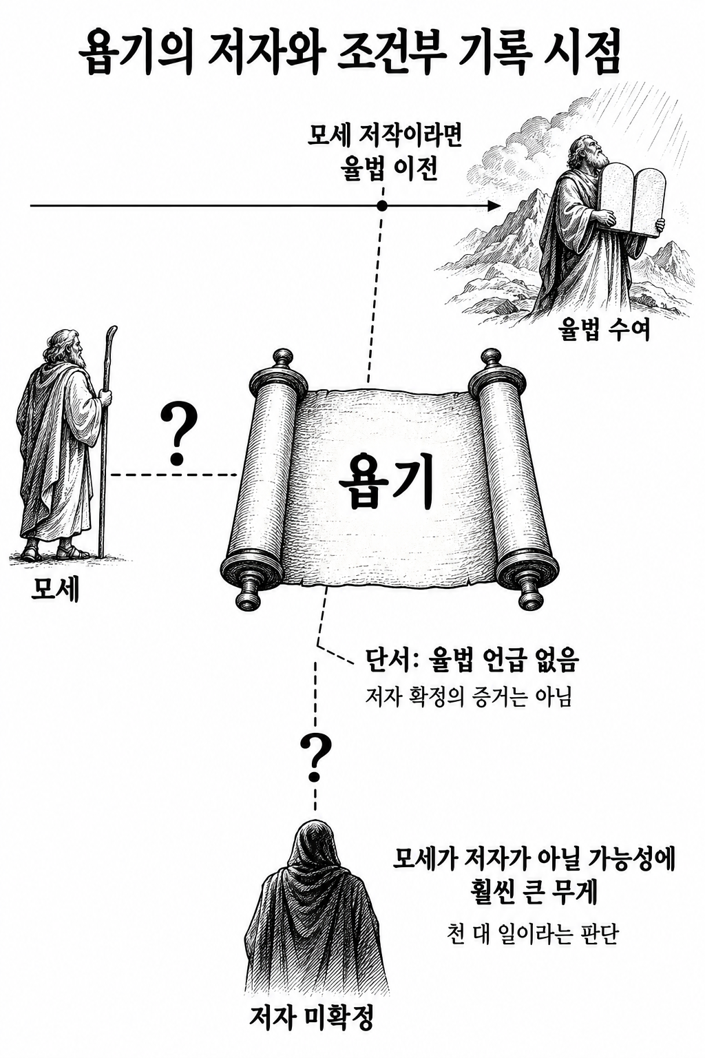 모세 저작설을 검토할 때 율법 수여 이전이라는 조건이 붙는 추론 그림.