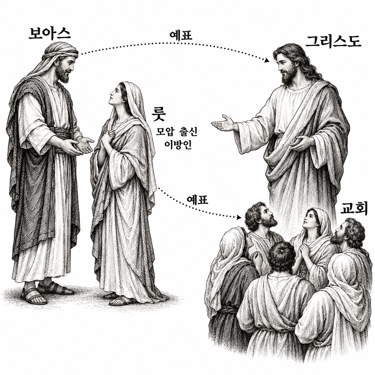 보아스와 룻의 관계를 그리스도와 교회의 관계에 대응시키는 예표 그림.