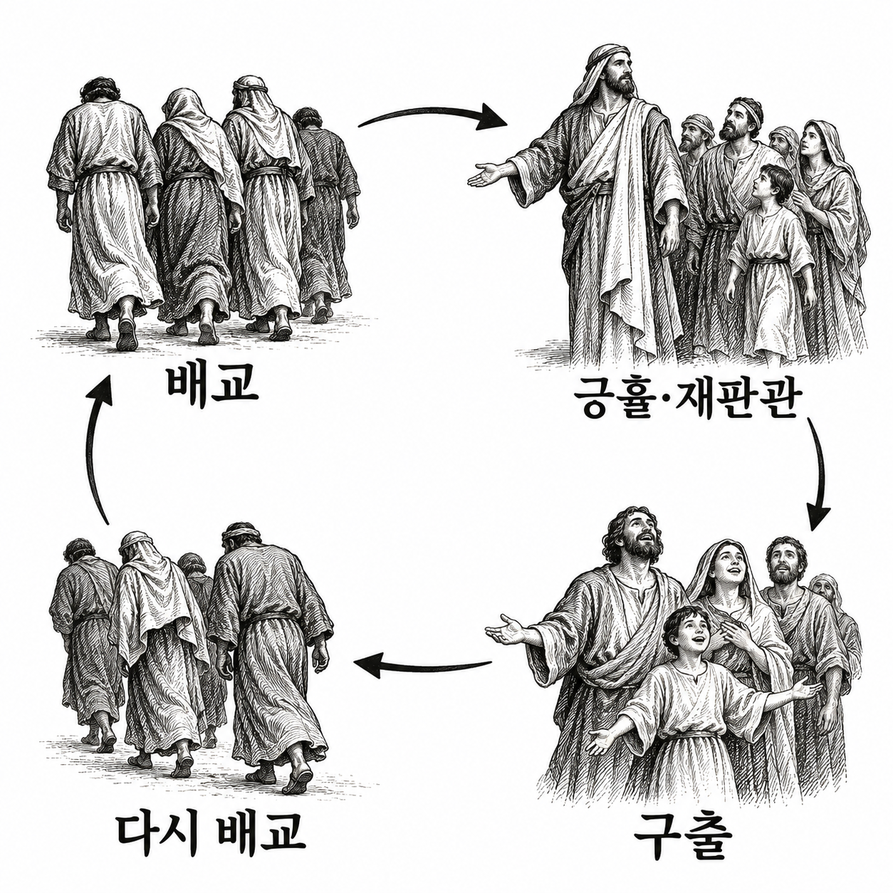 백성의 배교, 재판관을 통한 구출, 재배교가 반복되는 순환 그림.