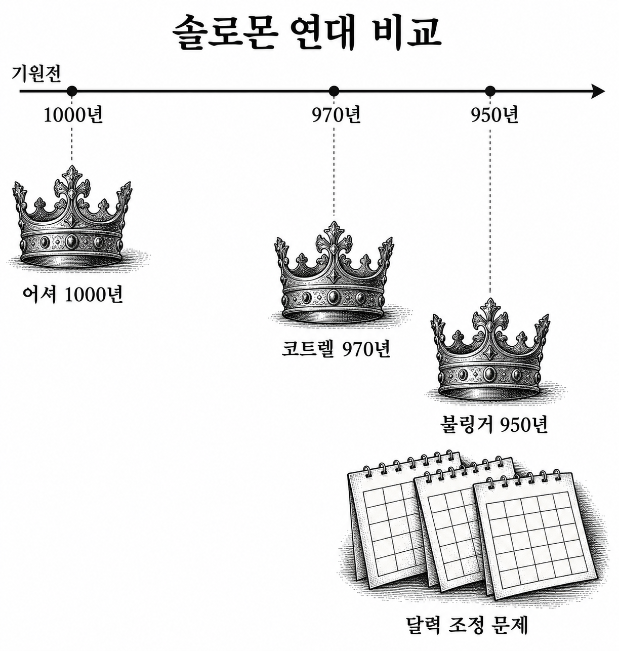 솔로몬의 연대를 서로 다르게 놓는 세 자료와 달력 조정 문제를 비교한 그림.