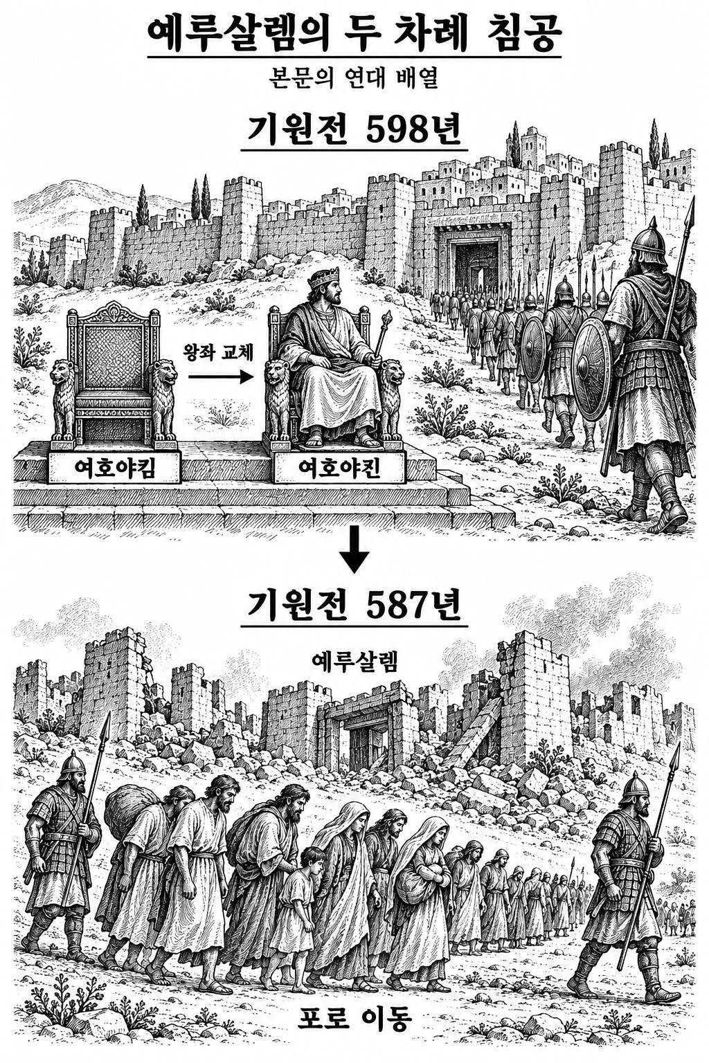 기원전 598년의 침공과 왕 교체, 기원전 587년의 재침공과 예루살렘 파괴를 구분한 그림.