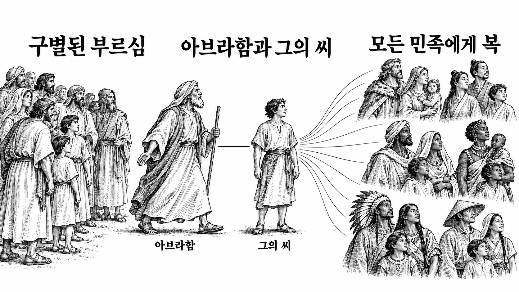 한 사람을 구별해 부르시는 일과 모든 민족을 향한 복의 약속을 연결한 그림.